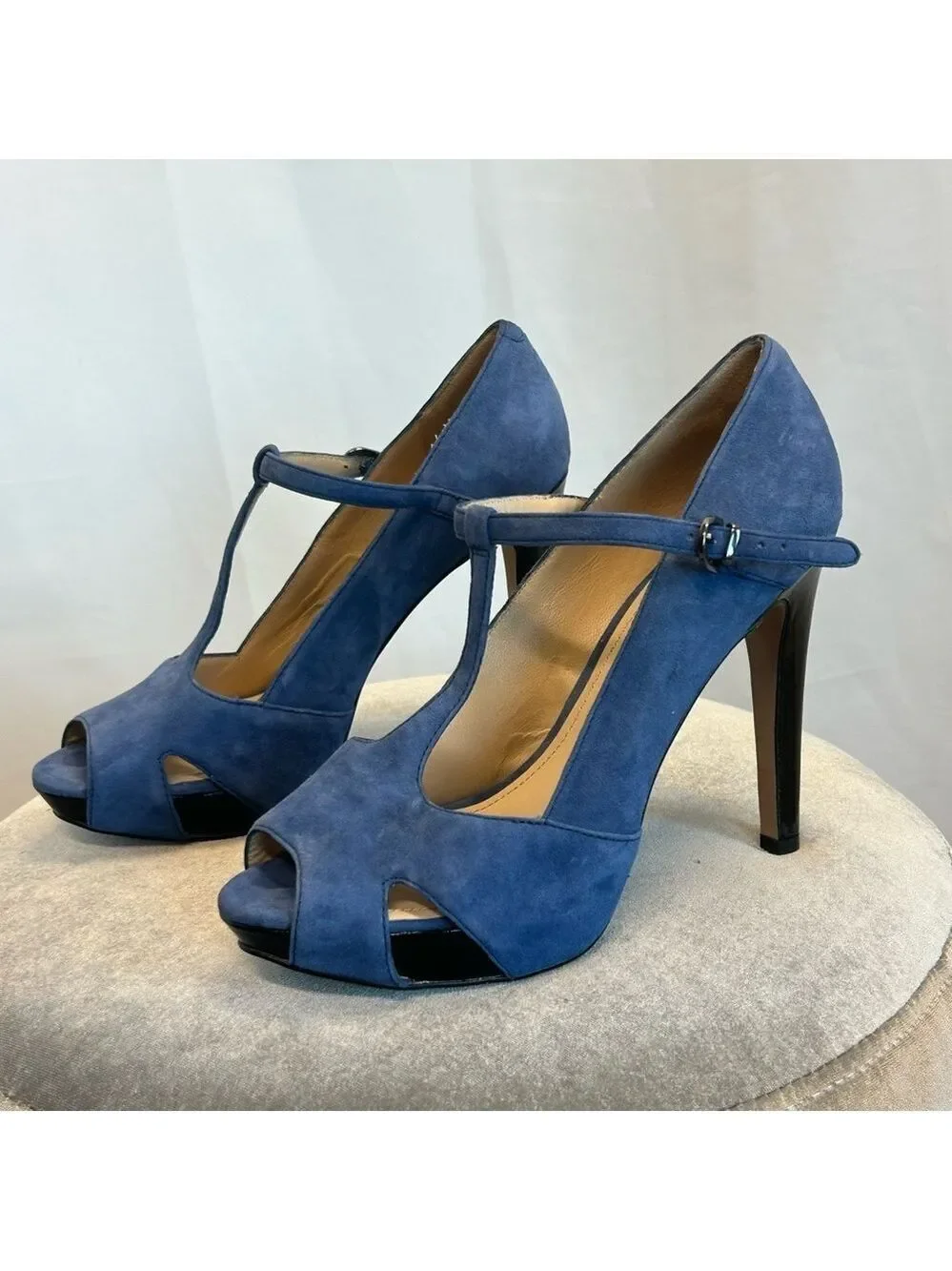 Kenneth Cole blue suede leather T-bar strap Au Cafe Platform high heels Sz 9